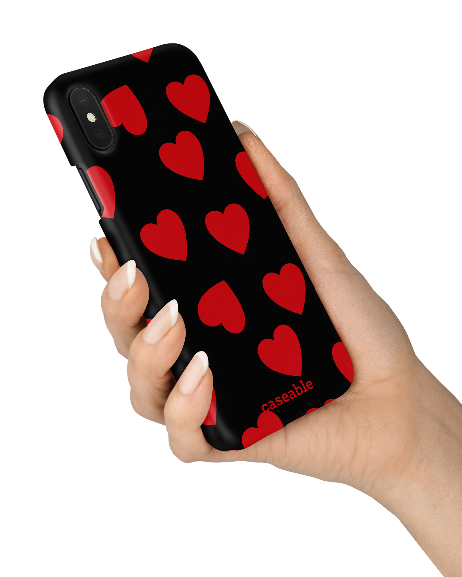 Repeating Hearts Hard Shell Phone Case Apple iPhone X, Apple iPhone XS held in hand
