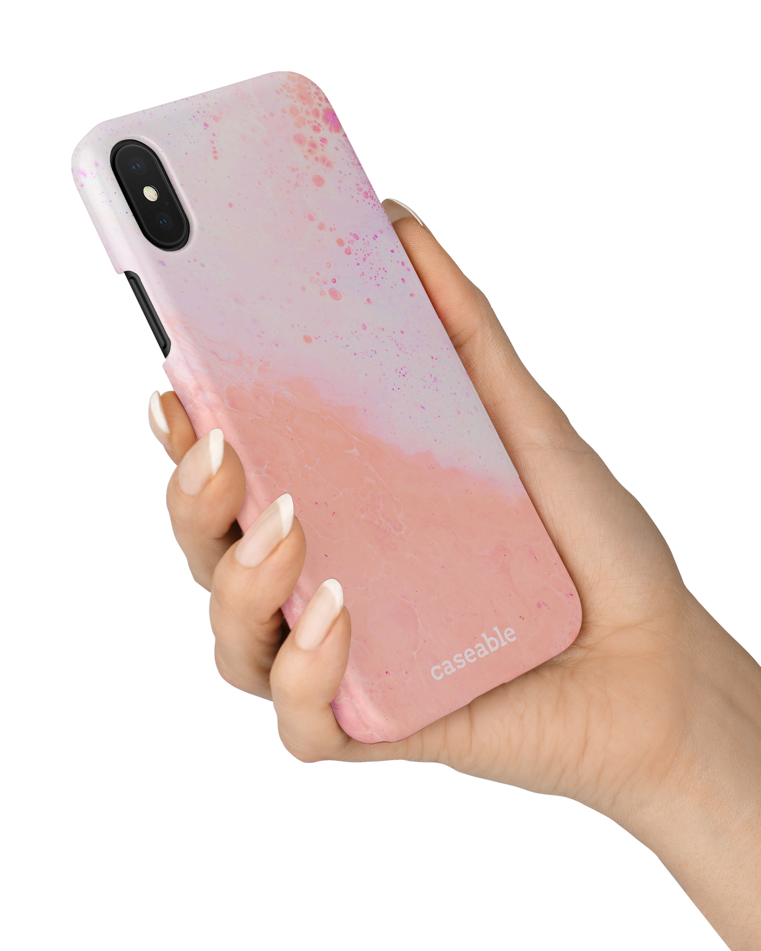 Peaches & Cream Marble Hard Shell Phone Case Apple iPhone X, Apple iPhone XS held in hand