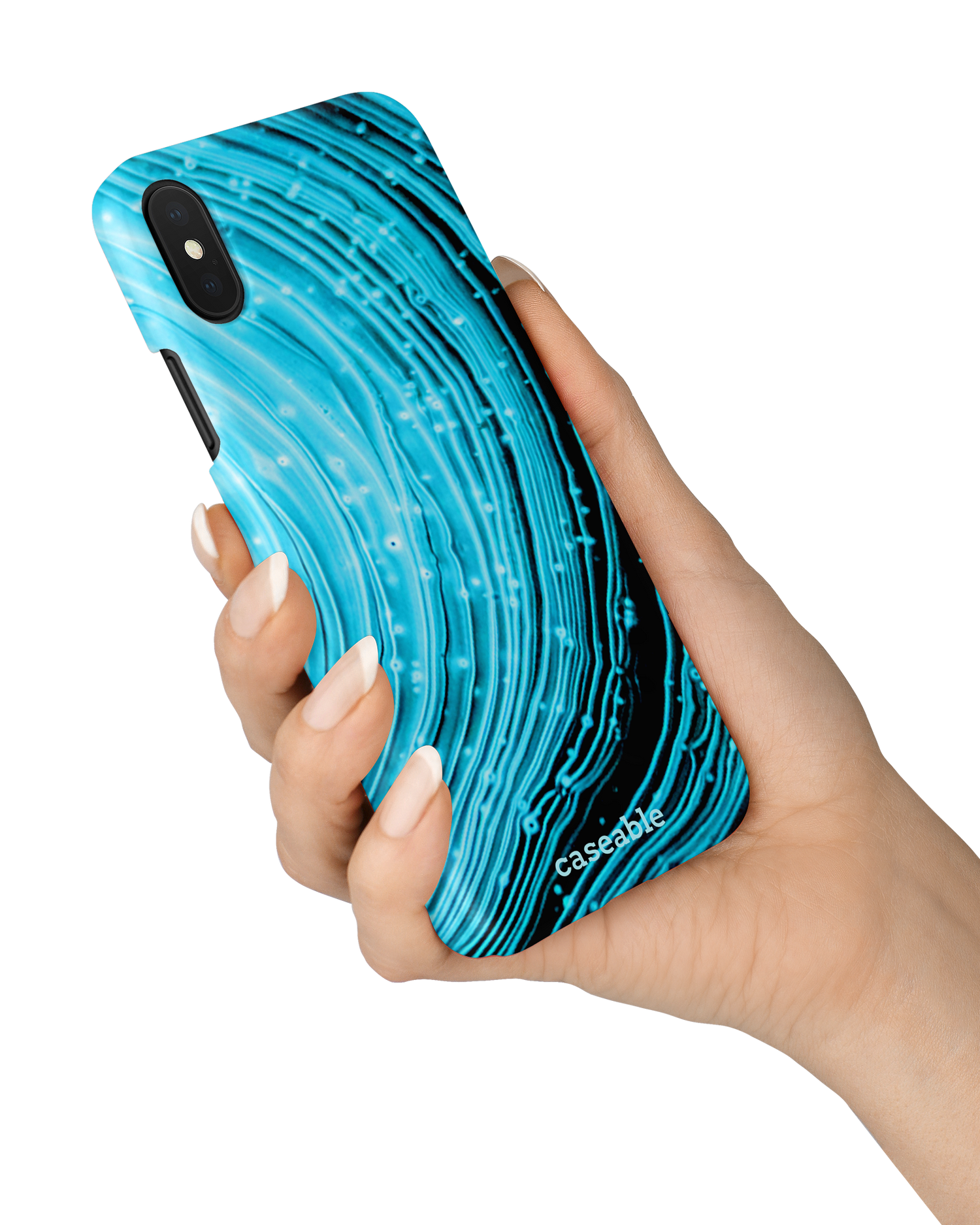 Turquoise Ripples Hard Shell Phone Case Apple iPhone X, Apple iPhone XS held in hand