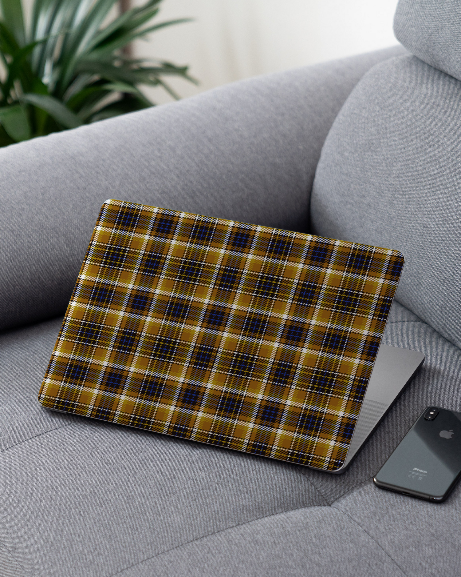 Autumn Country Plaid Laptop Skin for 13 inch Apple MacBooks on a couch