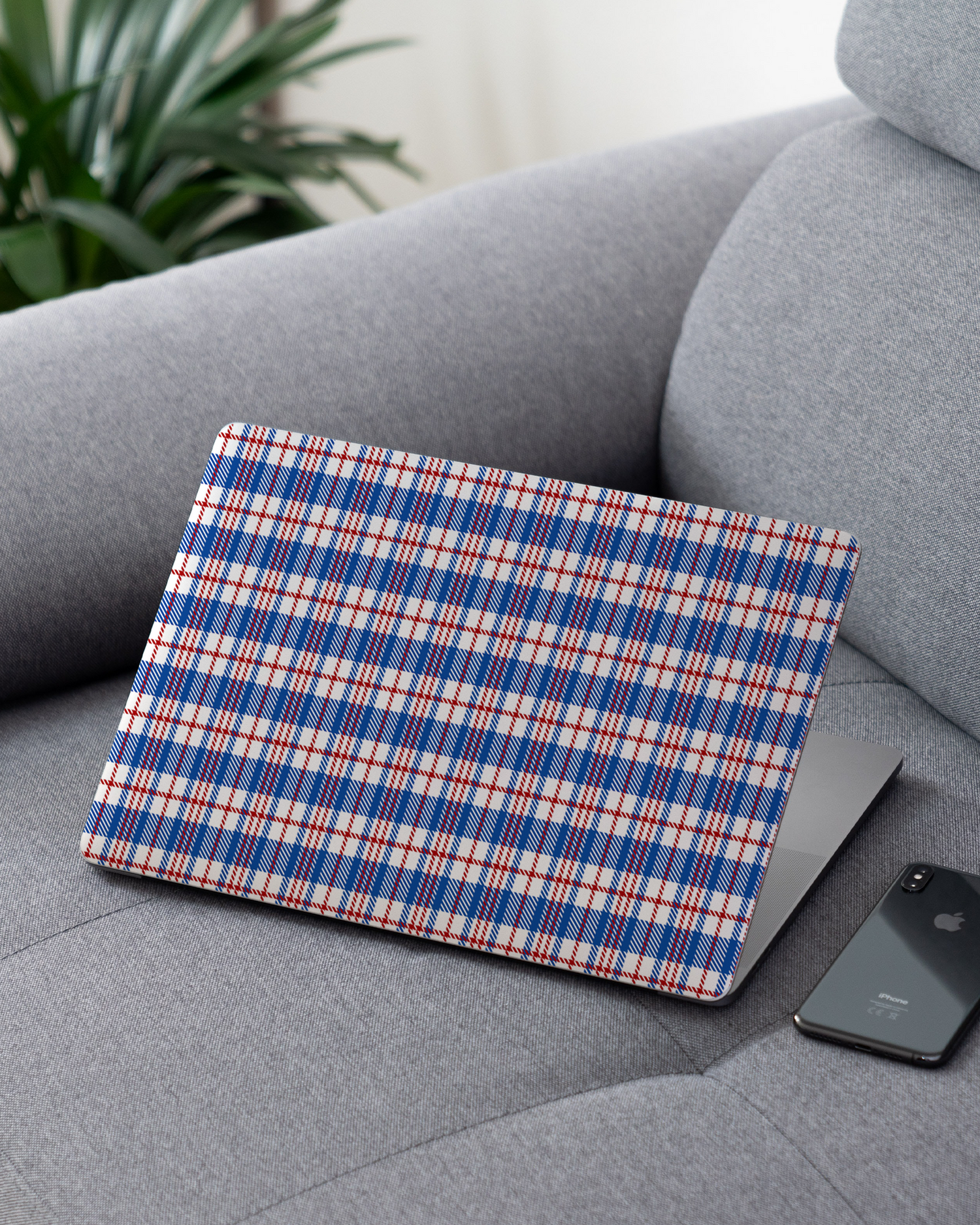 Plaid Market Bag Laptop Skin for 13 inch Apple MacBooks on a couch