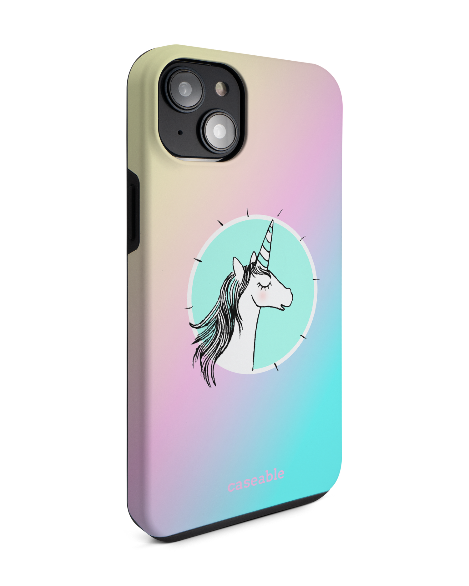 Happiness Unicorn Premium Phone Case for Apple iPhone 14 Plus: View from the left side