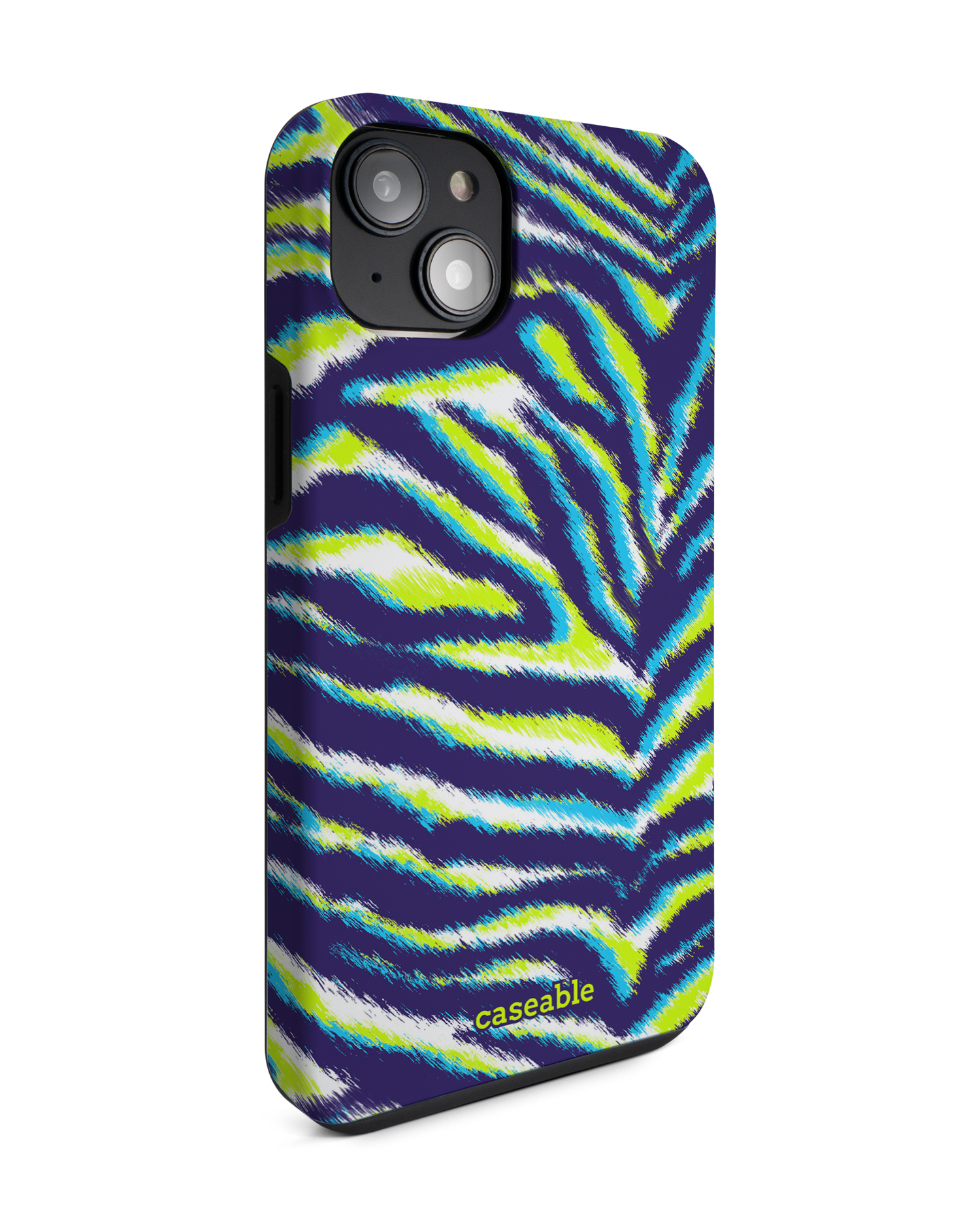 Neon Zebra Premium Phone Case for Apple iPhone 14 Plus: View from the left side