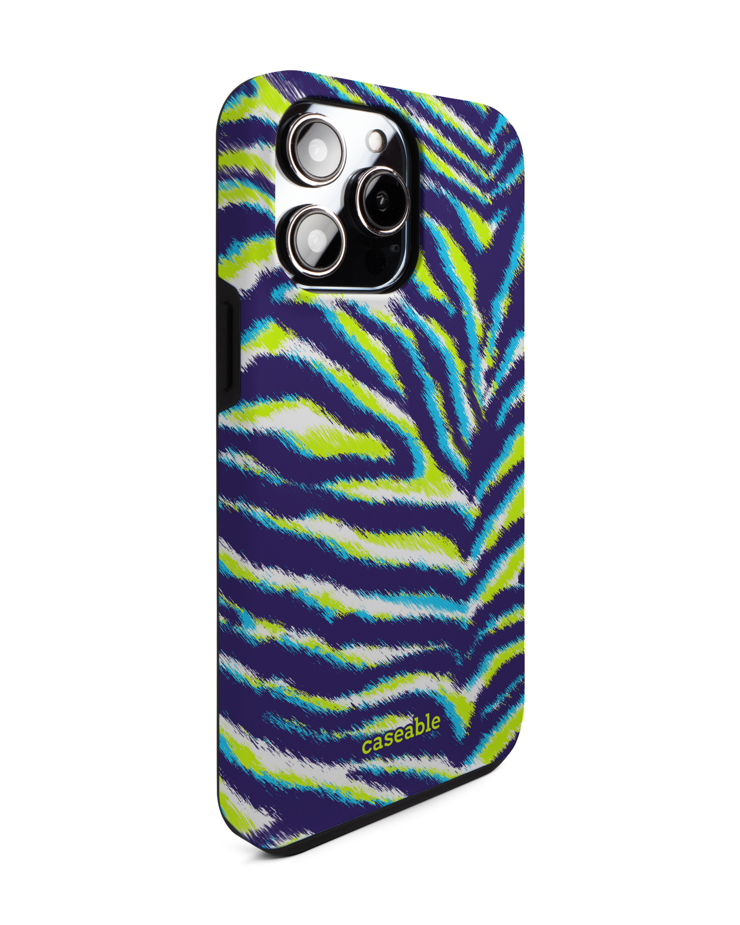 Neon Zebra Premium Phone Case for Apple iPhone 14 Pro Max: View from the left side